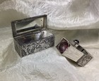 Antique Italian 800 Silver Floral Etched   Green Stone Mirrored Lipstick Case