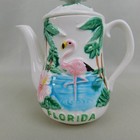 Vintage Sun-glo Florida Ceramic Flamingo Palm Tree Souvenir Tea Pot  c333
