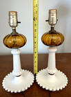 Vintage Milk Glass Hobnail Boudoir Table Lamps  2  W  Amber Glass Center Globes