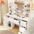Vanity Desk Set W  Led Lights Mirror Makeup Dressing Table And Stool 6 Shelves 