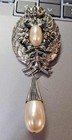 Antique Vtg Metal Brooch Pin W  Dangle Large Faux Pearl Art Nouveau  deco Style