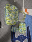 Vera Bradley Quilted Floral Makeup Bag Set  Zipper Closure  3pc Blue green