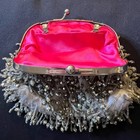 Vintage Silver Beaded Shoulder Bag Chain Strap Kiss Lock Evening Purse Clutch