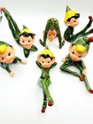 6 Vtg 50s Ceramic Tumbling Pixie Elf Figurines Japan Flower Hat Kitschy Evc