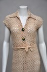 Vintage 1930s Beige Knit Crochet 3 Piece Jacket Dress Belt Buttons Collar S m