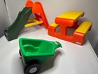 Vtg Little Tikes Dollhouse Furniture Picnic Table Slide Cart Set Yellow Orange