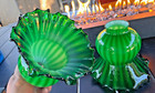 Pair Victorian Emerald Green Cased Glass Watermelon Ribbed Ruffled Lamp Shades