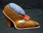 Antique Figural Victorian Shoe Tartan Ware 5  Wooden Treen Pin Cushion