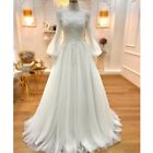 White Muslim Wedding Dresses Long Sleeves High Neck Lace A Line Bridal Gowns