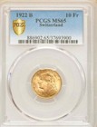 1922 B Beautiful Gold Coin Switzerland Swiss Confederation Ten Francs Ms 65