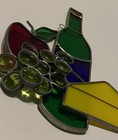Vintage Stained Glass Sun Catcher Wine Bottle W  Cheese Grapes Apple  large 8 5   