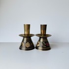 Pair Of Vintage Etched Brass Candlestick Holders Black Floral Mid Century Modern