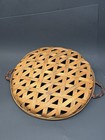 Authentic Wood Lattice Round Tobacco Basket Leather Handles Vintage