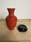 Vintage Chinese  Carved Red Cinnabar Vase With Blue Enamel On Copper