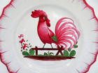 Antique 1800s Les Islettes French Faience Pottery Plate Rooster Pink Combed Edge