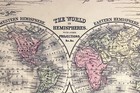 Antique 1872 The World In Hemispheres   A Time Table Color Map Mitchell