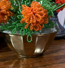 Vintage French Seed Beaded Orange Flowers Green Leaves In Brass Flower Pot