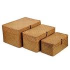 Set Of 3 Natural Seagrass Storage Baskets With Lid - Large Handwoven Wicker Stor