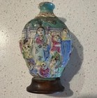 Vtg Chinese Porcelain Relief Mothers Children Snuff Bottle No Lid Wood Base 3   