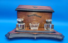 Antique Inkwell Desk Set With Glass Wells  Wood  Brass   Divided Stationary Box