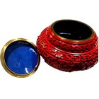Antique Chinese Cinnabar Ornate Red Trinket Box Blue Enameled Brass Exquisite