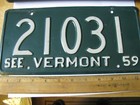 1959  Vermont  Vt  License Plate  21031  Yom Potential  Very Nice Cond