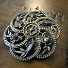 Large Antique Brass Filigree Flower Button W  Steel Point Accents C254