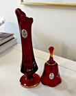 Fenton Ruby Red Glass 40th Anniversary Vase   Bell Set Hand Painted