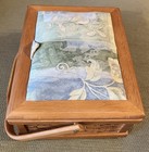 Vtg Wood   Wicker Sewing Basket Handle Inner Tray Padded Top Silk Lined 10x8x4 5