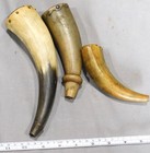 Antique Powder Horns Set Of 3 19th C American Scrimshaw Decorated Carved Horn