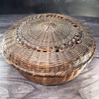Vintage Wicker Sewing Basket   Lid  Round Trinket Brown Footed