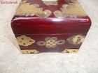 Vintage Oriental Asian Wood Jewelry Box Carved Jade Doors Etched Brass Hinges