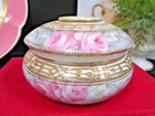 Nippon Hand Painted Pink Roses Gold Gilt Beaded Hair Receiver Japan Porcelain 