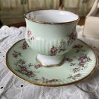 Aynsley England Vtg Tea Cup   Saucer Set Green With Pink Roses