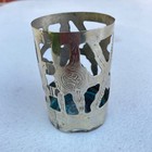 Vintage Mexican Alpaca Pierced Cup Holder Sleeve Engraved Feather 4 In No Glass