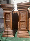 Pair 2 Antique Wood Carved Ornate Marble Top Pedestals Plant Stands Cabinet Vtg