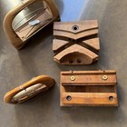 Lot 4 Vtg Antique Wooden Weaving Loom Thread Ribbon Label Shuttle Geared Blocks