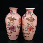 A Pair Chinese Pastel Porcelain Hand Painted Exquisite Flowers birds Vase 8013