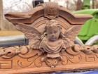1800s Figural Cherub angel Carved 29  Antique Walnut Pediment Crown Crest Topper