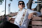 Mens Mexican Guayabera Shirt White Long Sleeve Brown Copper Flower Embroidery
