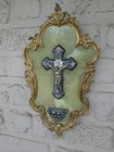 Antique 19thc Bronze Enamel Cloisonne Onyx Marble Crucifix Holy Water Font Rare