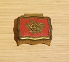 Vintage Gold Tone Ornate Rose On Red Lid Lined Footed Jewelry Trinket Box