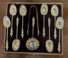 Ornate Antique 1800s Sterling Silver Demitasse Spoon Set With Tongs And Strainer