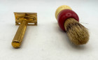 Vintage Regus Ever-ready 69w Safety Razor   Shaving Brush Set Gold Tone Usa