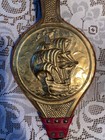 Vintage Wood  Brass Ship At Sea   Red Leather Fireplace Bellow