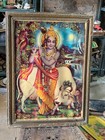 Vintage Old Hindu Religious Lord Krishna Playing Flute Lithograph Print Framed