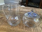 Vintage Clear Glass Lidded Sugar   Creamer Set 2 Etched Rose Gold Flowers 4 Inch
