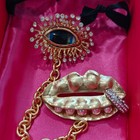 Schiaparelli Eye Mouth Long Chain Golden Brooch Pin With Box