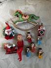 Vintage Christmas Ornaments Lot Of 10 Wood Angels Santa Wreath Rocking Horse Elf