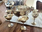 Gorgeous Silver Plate Vintage Repousse Champagne wine Chiller Bowl   8 Goblets